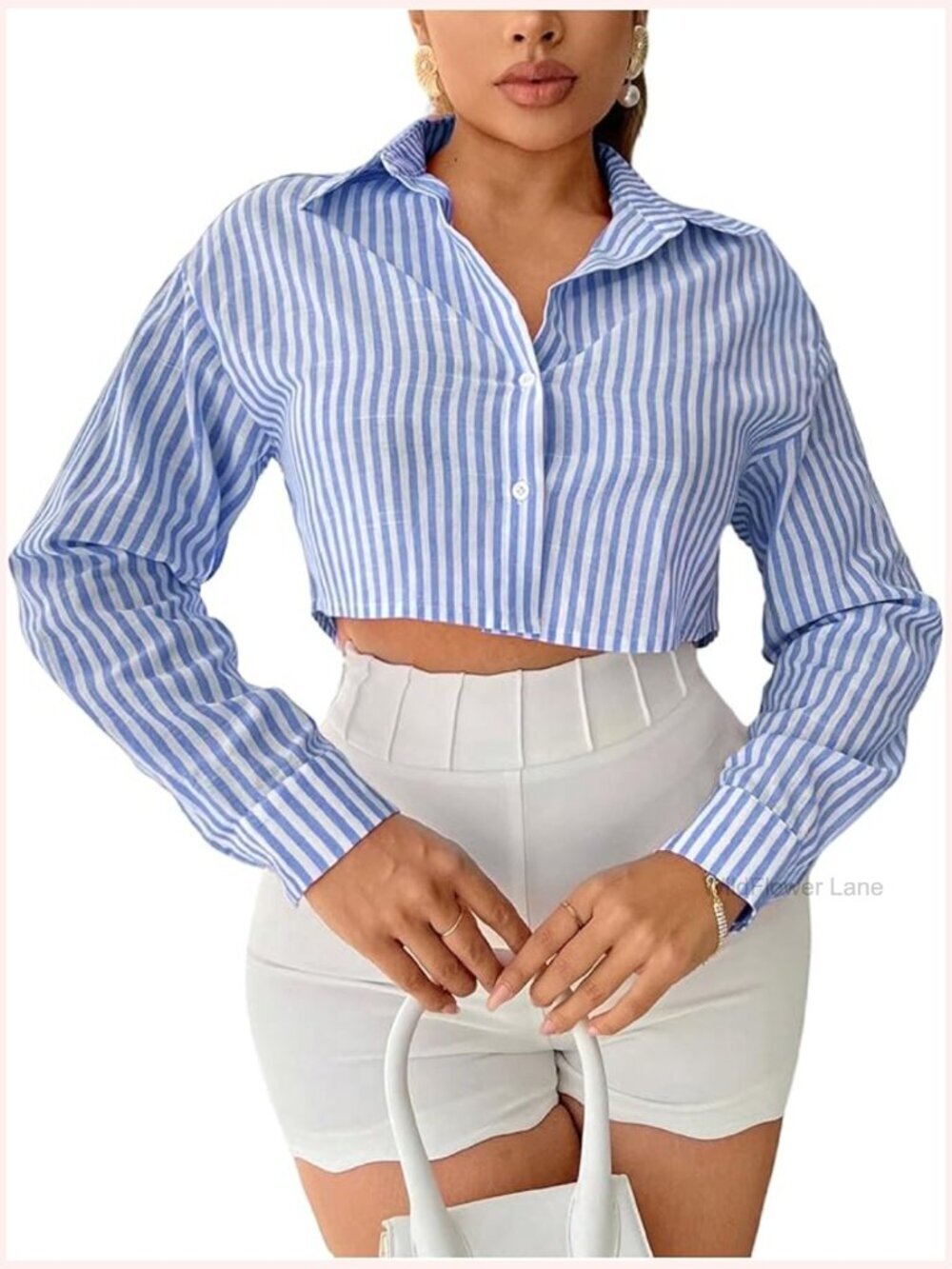 Women's Striped Button Down Crop Top Long Sleeve Blouse